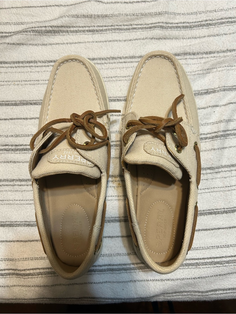 Sperry Cream Canvas Boat Shoes with Tan Laces